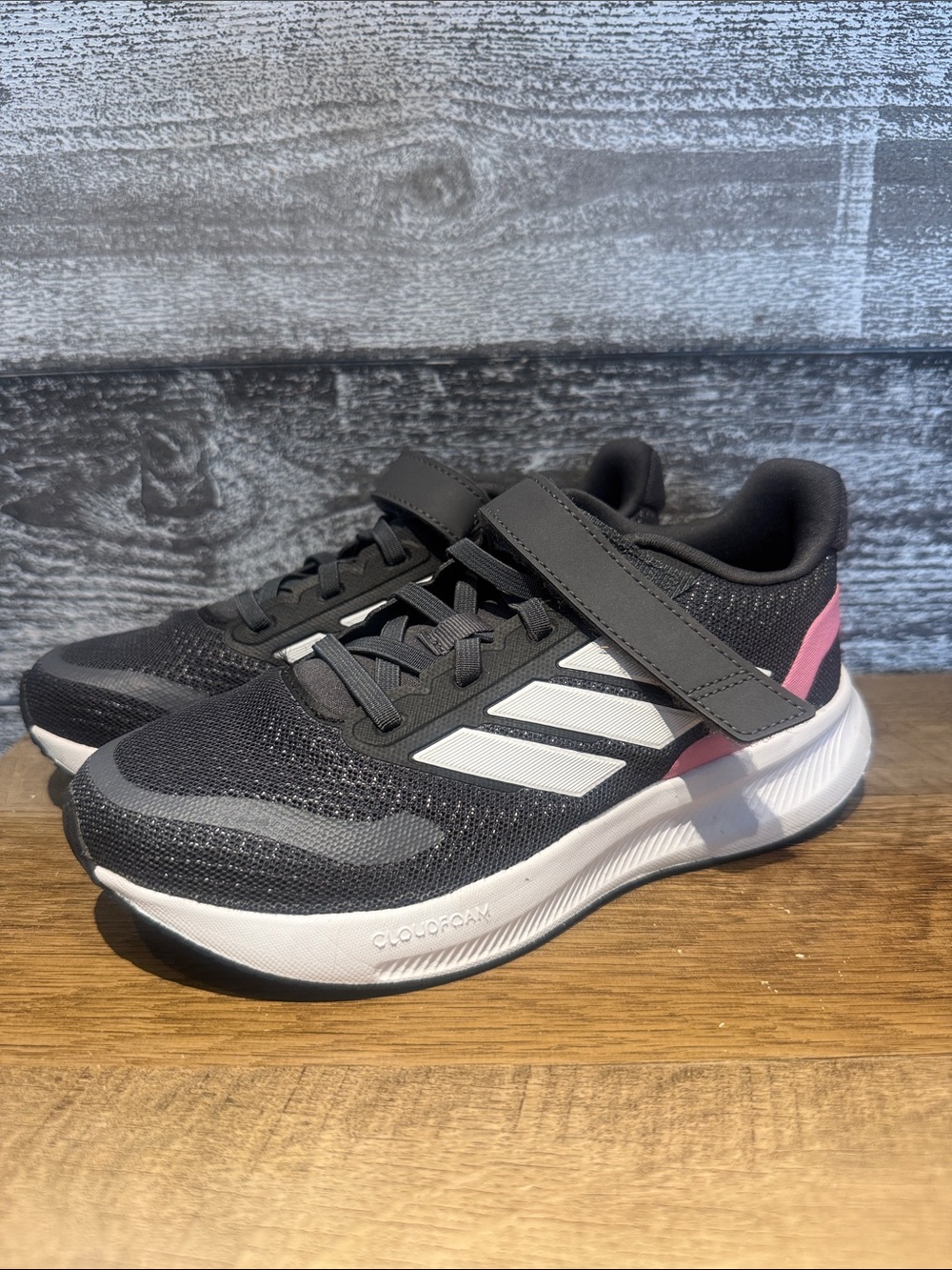 adidas Kids Black and Pink Athletic Sneakers with White Stripes